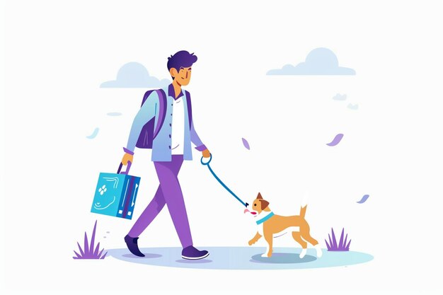 Vector business man walking dog on leash