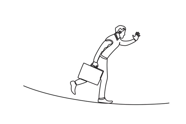 A business man walks a tightrope obstacle course Work obstacle oneline drawing