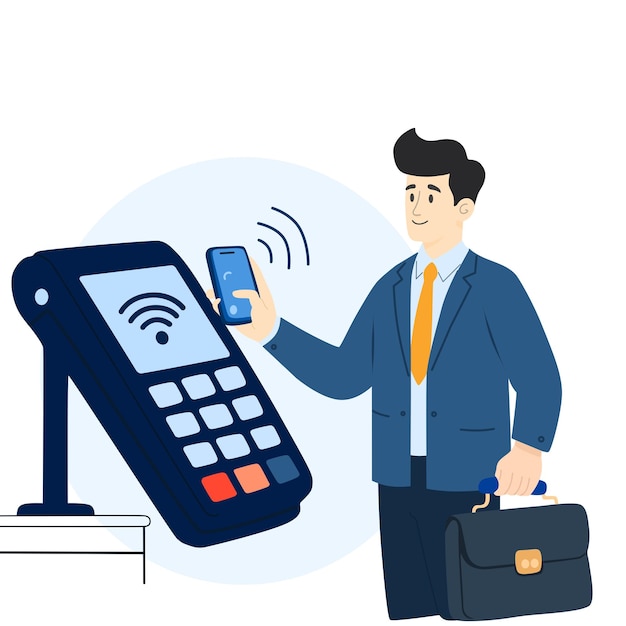 business man with telephone payment terminal with smartphone