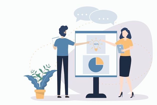 Business Man and woman character discussing diagram report on board Research of business statistics and finance control People discuss and make decisions Presentation partnership Brainstorming