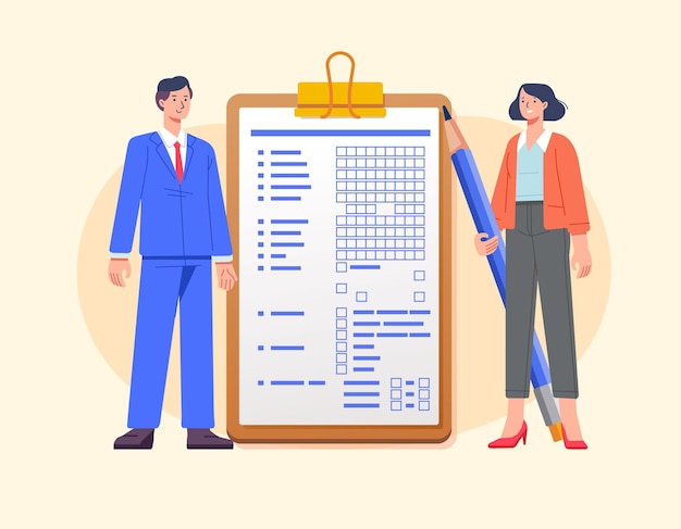 Business man and woman with giant pencil near agreement on clipboard paper Successful completion of business document Flat vector illustration