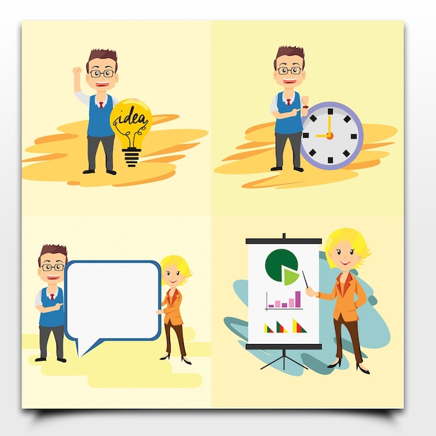 Vector business man and women office theme set 