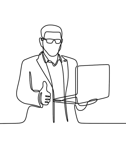 Business man work on laptop oneline continuous single line art