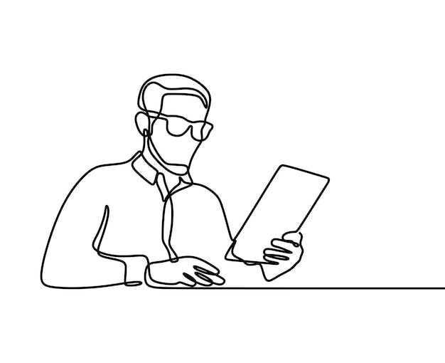 Business man work on tablet oneline continuous single line art