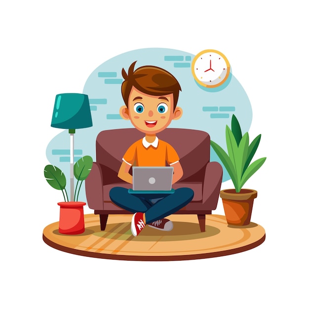 Vector business man working on a sofa using laptop from home flat coloring line art minimal illustration