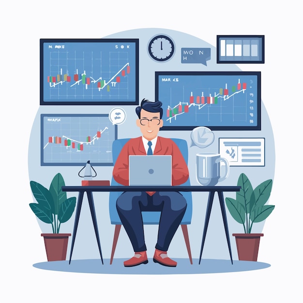 Vector business man working on stock financial trade market diagram vector