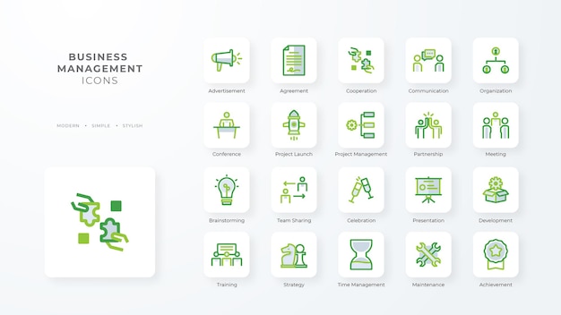 Business management icon collection with green duotone style Corporate currency database development discover document e commerce Vector illustration