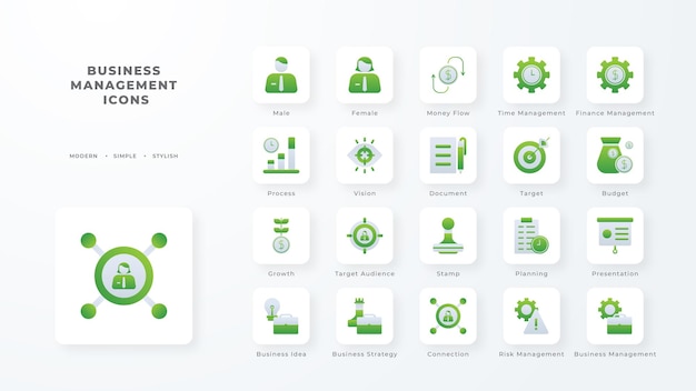 Business management icon collection with green duotone style Corporate currency database development discover document e commerce Vector illustration