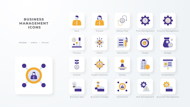 Business management icon collection with purple and orange duotone style Corporate currency database development discover document e commerce Vector illustration