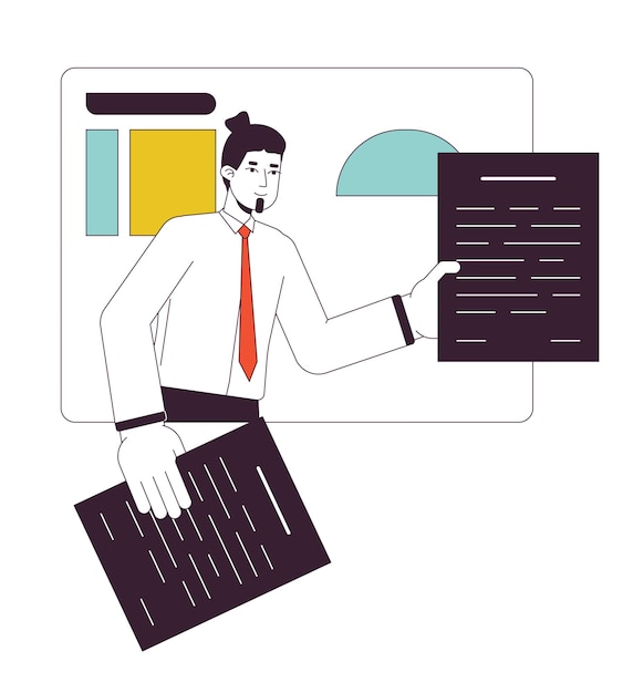 Business manager handing over papers flat line concept vector spot illustration Team leader 2D cartoon outline character on white for web UI design Presentation editable isolated color hero image