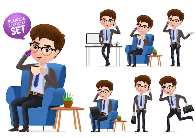 Business manager vector characters set Sitting business manager character talking in mobile phone