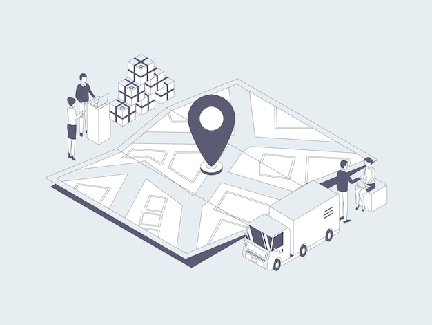 Business Map Package Sent Tracking Isometric Illustration Lineal Grey. Suitable for Mobile App, Website, Banner, Diagrams, Infographics, and Other Graphic Assets.