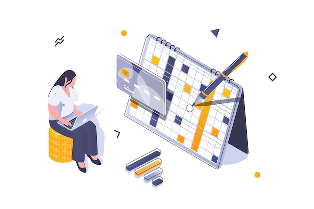 Vector business marketing concept in 3d isometric design woman working at laptop planning dates in calendar organization and content manage vector illustration with isometric people scene for web graphic