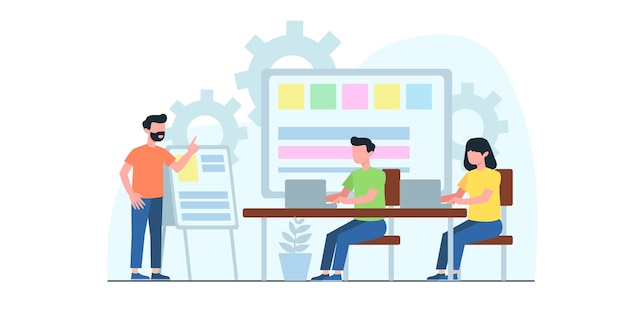 Business meeting flat illustration. Concept of business workflow, time management, planning, task app, teamwork. Creative flat design for web banner, marketing material, business presentation