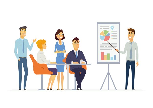 Vector business meeting - vector illustration of an office situation. cartoon people characters of young men, women at work. male colleague making presentation, showing charts, reporting, training staff