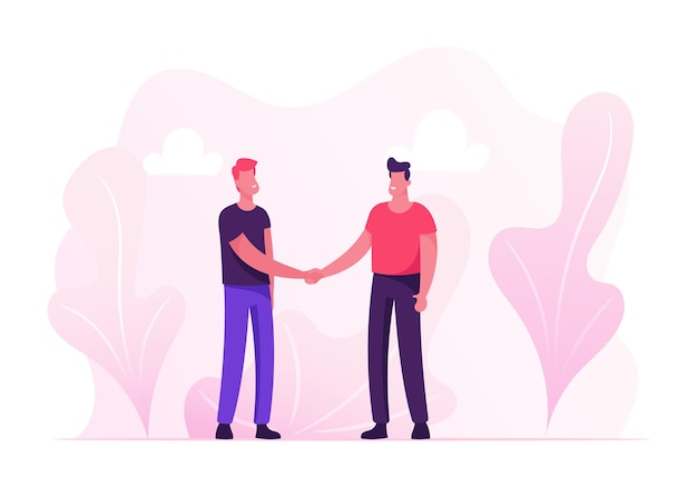 Vector business meeting. young people stand face to face shaking hands. cartoon flat illustration