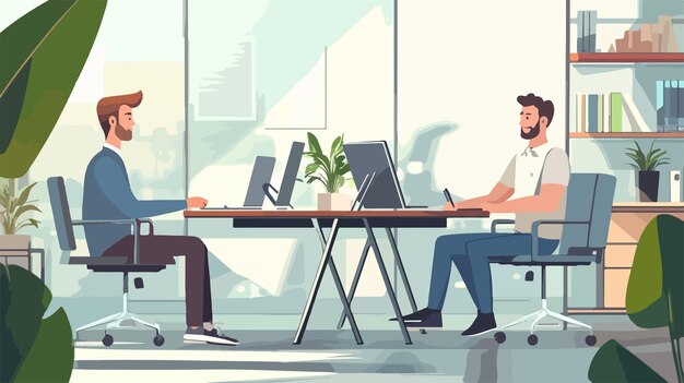 Vector business men sitting at modern office desk with cow decoration