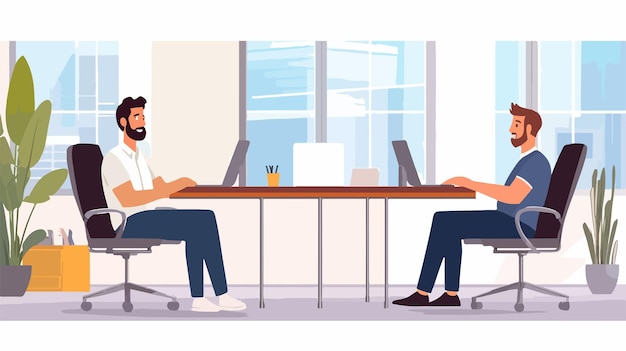 Vector business men sitting at modern office desk with cow decoration