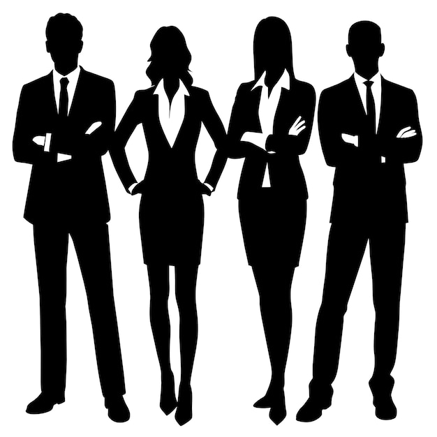 Business men and women standing pose vector silhouette black color white background 50