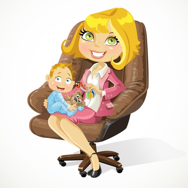 Business mom with baby boy in an office chair