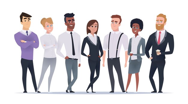 Vector business multinational team working managers in casual clothes ethnic characters in office exact vector cartoon illustrations team office worker multinational