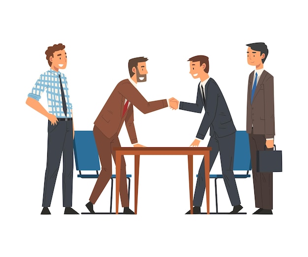 Vector business negotiations businesmen handshaking making business deal productive partnership cartoon