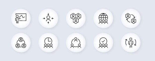 Business neomorphic line Icons set Communication debates speeches assessment stars light bulb idea plan team debate society hours concept communication Vector neomorphic line icons set