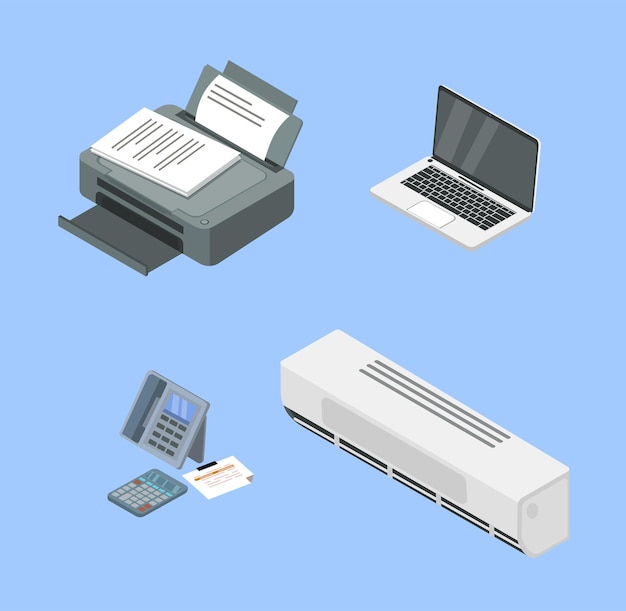 Business office elements set laptop and printer cooling system and phone equipment for efficient