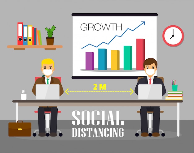 Business office people maintain social distancing. New normal at job working.