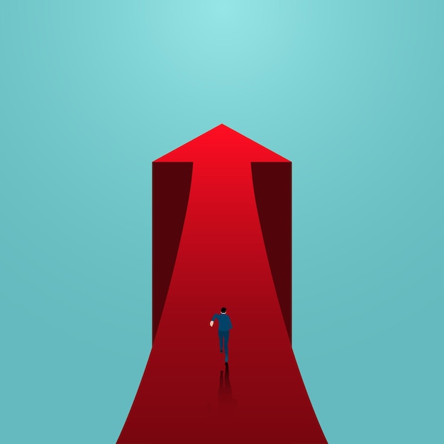 Business opportunity and leadership concept businessman run on arrow way to successful career Symbol of success goal achievement challenges vector illustration flat