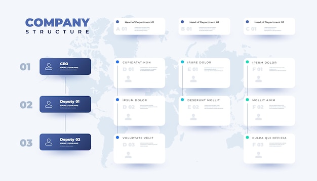 Business organization table Company structure infographic template with corporate hierarchy elements Vector illustration