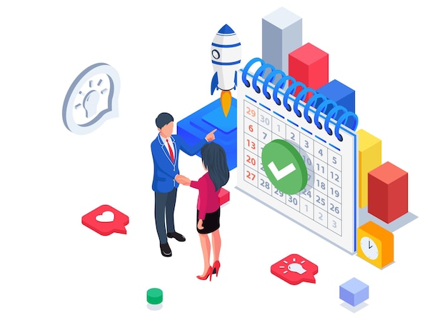 Business people agree on business scheduling. Isometric business illustration.