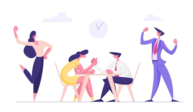 Business People Armwrestling with Support Group Cheering Flat Illustration