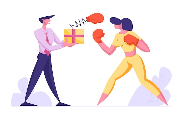 Business People Boxing. Woman Fighting with Man Holding Box