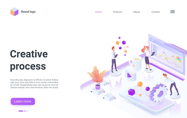 Business people brainstorm work in creative analysis process isometric landing page