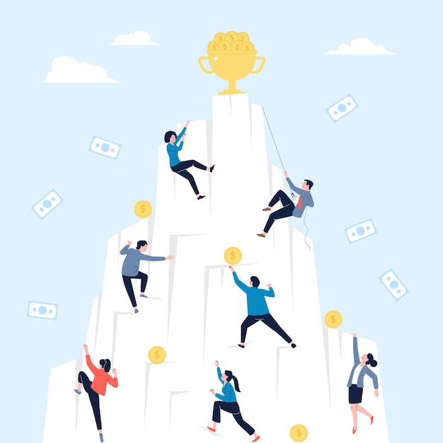 Business people climbing to success goals and money Corporate mountain competition earning motivation and investment aim Office struggling recent vector scene of success business goal illustration