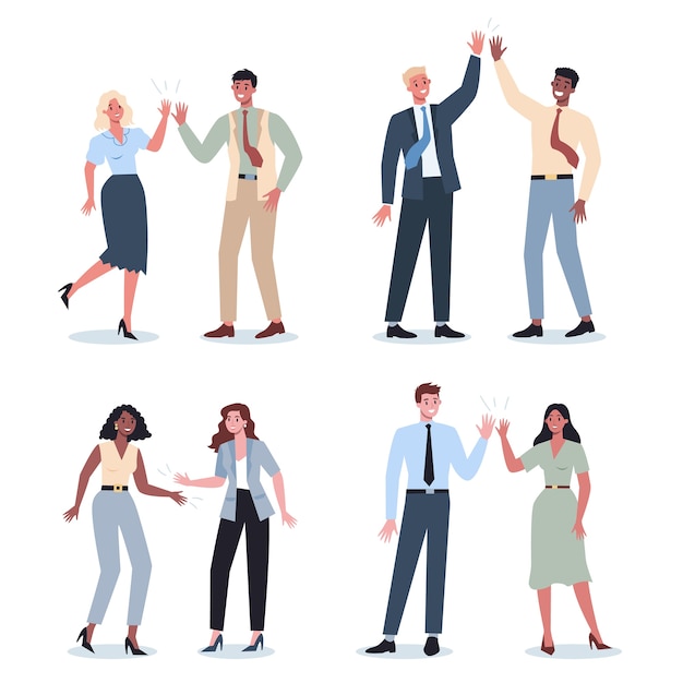 Business people communication idea set. Business man and woman working together and succeeding. Business man and woman high five. Vector illustration in cartoon style