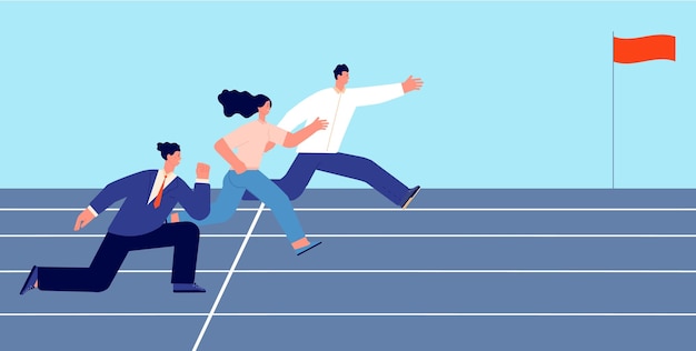 Business people competition Man and woman running start to target concept Competitors characters leadership vector scene