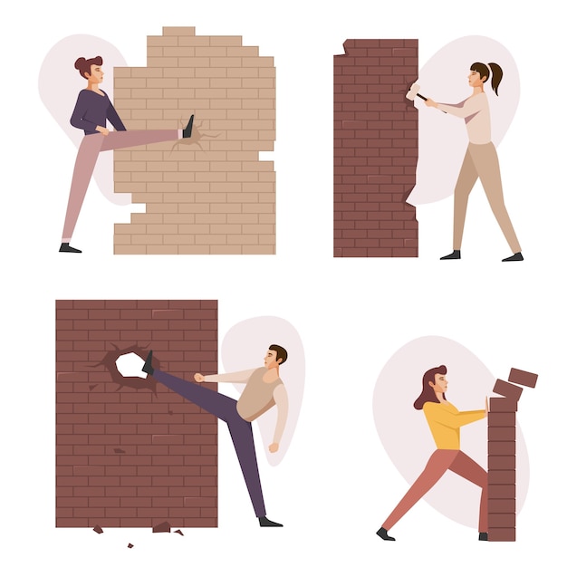 Business people destroying walls flat employees smash obstacles in different ways break