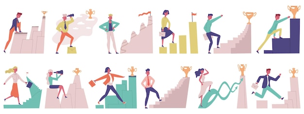 Business people goal movement. Goal achieve male and female successful professional characters vector illustration set. Career goal achievements. Employees going to trophy reward or flag