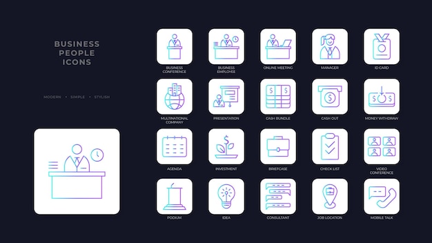 Business People Icons with purple blue outline style