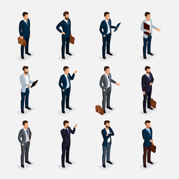 Vector business people isometric set with men in suits, beard styling stylish hairstyle mustache office isolated. 