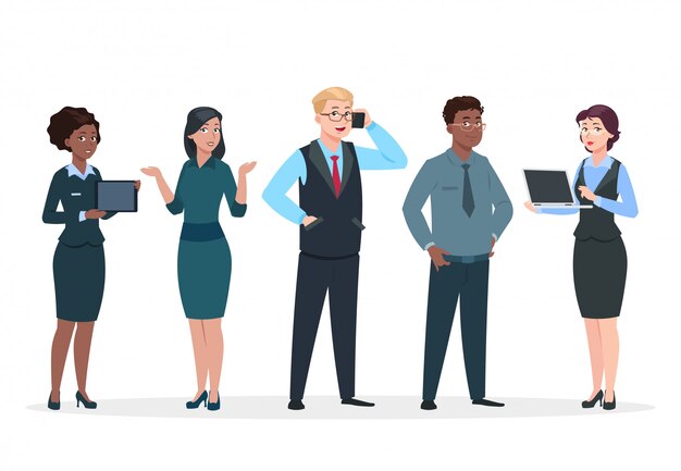 Vector business people. office team cartoon characters. group of business men women, standing persons. teamwork colleagues concept