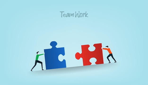 Vector business people puzzle pushing huge pieces of one puzzle towards each other symbol of working together cooperation and partnership