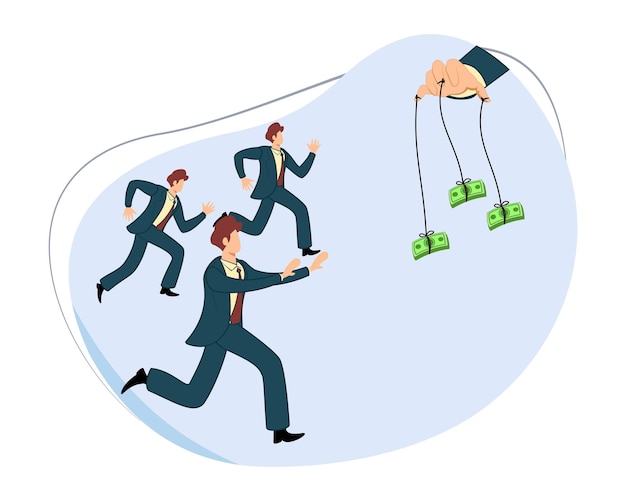 business people race for money in rope controlled by hands behind the scenes. money trap