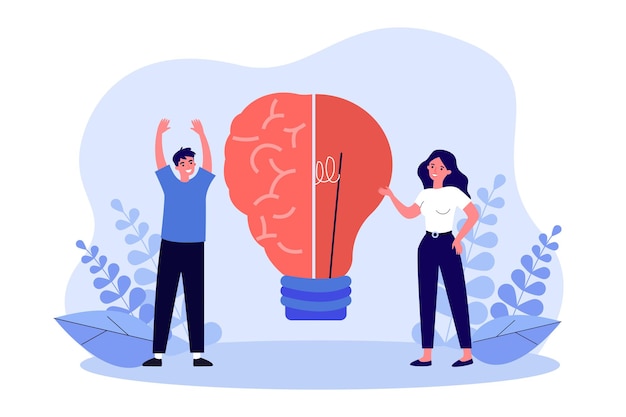 Business people standing with half of human brain and light bulb. Creation of smart idea by man and woman flat vector illustration. Innovation concept for banner, website design or landing web page