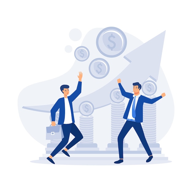 Business people stepping up on coins against a growing upward graph flat vector modern illustration