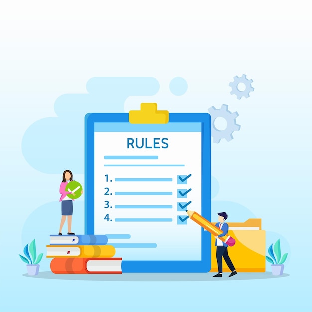 Business people studying list of rules reading guidance making checklist Vector illustration