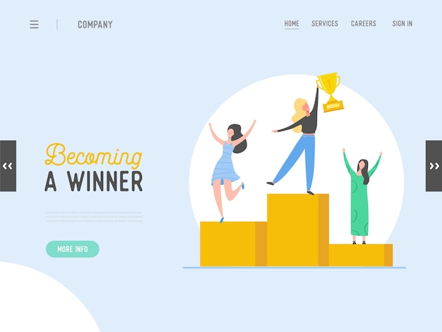 Business people success concept, leadership, achievement landing page template. Businessman character with prize, winning trophy, successful teamwork for website or web page. 