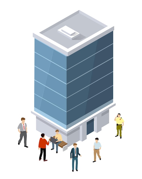 Vector business people walking and talking near office building isometric illustration